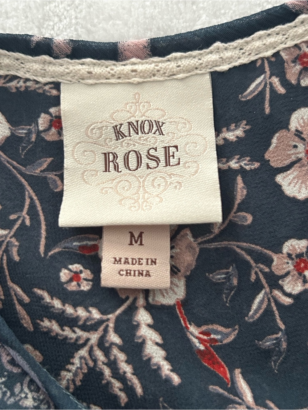 Knox Rose Medium Semi Sheer Boho Tassel Tie Front Top Navy Floral Peasant Blouse - Picture 5 of 8